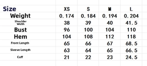 Detailed size chart with measurements for the lace spliced shirt with pearl buttons