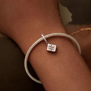 S925 Sterling silver mesh bracelet with lucky Mahjong FA charm and zircon stones