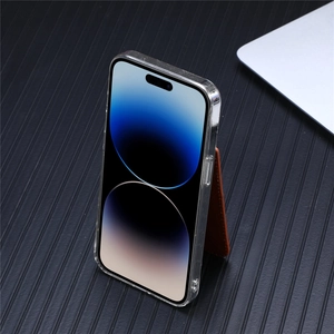 Detailed side view of clear iPhone case featuring a foldable brown leather card holder stand