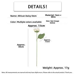 Detail view of handmade yarn African Daisy with precise product dimensions and size specs