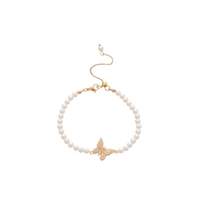 18k gold plated pearl bracelet with zircon butterfly pendant on white background