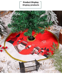 Classic red Christmas tree skirt with golden trim and snowman prints for festive decor