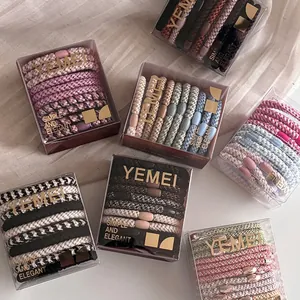 High elasticity sesame color hair ties set featuring plaid and solid weave patterns