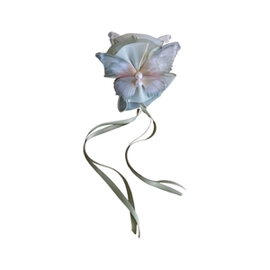 Elegant fabric butterfly hair claw clip with faux pearls and long ribbons in light green
