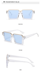 Three views of square blue lens glasses with transparent frame and gold metal bar