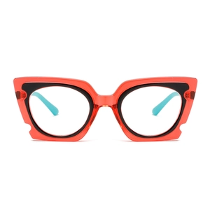 Modern geometric cat-eye glasses with translucent red and black layered frame