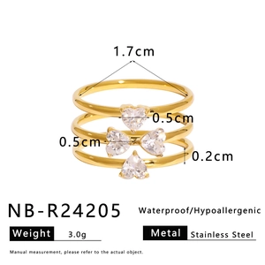 Detailed specs of stackable heart zircon ring set in gold plated stainless steel