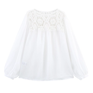 French Style Hollow Out Crochet Lace Chiffon Blouse Long Lantern Sleeve Loose Round Neck Elegant Top For Women