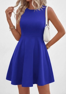 Detail of royal blue sleeveless A-line mini dress with a slim-fit waist and round neckline
