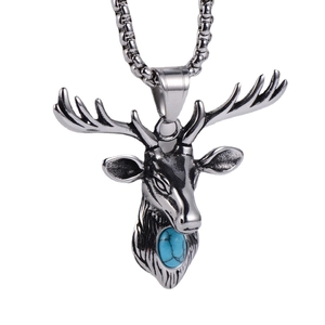 Collier avec pendentif tête d'élan en argent vintage et pierre bleue sur chaîne acier