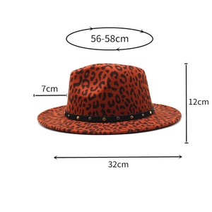 Detailed size chart of orange leopard print wool fedora hat with wide brim specifications