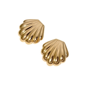 Elegant gold seashell stud earrings in polished stainless steel with minimalist coastal design