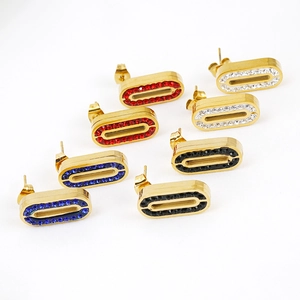 Oval stainless steel stud earrings set with colorful crystals in four vibrant colors