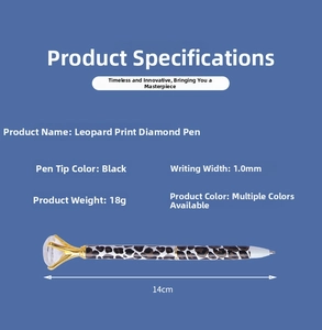 Leopard print metal ballpoint pen featuring a large diamond top and 1.0mm black ink