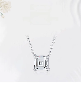Macro detail of square emerald-cut cubic zirconia in S925 sterling silver four-prong setting