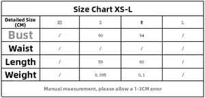Size chart for floral satin top with measurements for chest and length in sizes XS to L