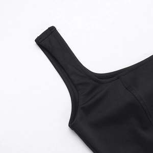 Detail of square neckline and shoulder strap stitching on black fitted dress