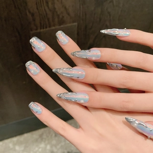 Aurora metallic press-on nails with silver relief, 3D pearls and iridescent finish