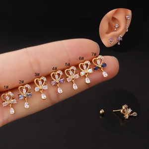 Clous Cartilage Oreille Zircon Cœur Nœud Fleur Acier Inoxydable Boucles D'oreilles À Vis Bijoux Mode Coréenne