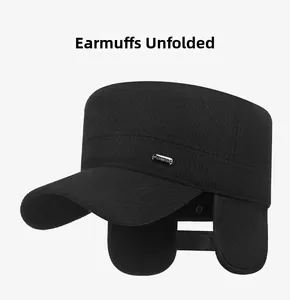Detailed view of the winter wool flat top hat featuring extended fleece lined earflaps