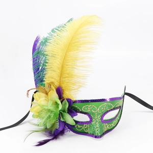 Detail of masquerade mask featuring vibrant feathers, silk flowers and sequin trim