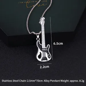 Retro stainless steel long sweater necklace with black enamel guitar shape pendant