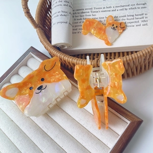 Cute Corgi dog hair claw clips made of acetate with marble texture in large and small sizes