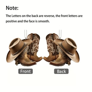 Flat personalized brown cowboy boot and hat car ornament decoration shown front and back