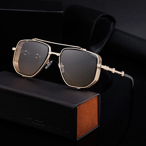 Retro square frame steampunk sunglasses with gold metal frame and gradient brown lenses