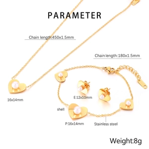 Detailed size specifications for heart shell pearl necklace, bracelet and earrings set
