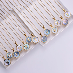 Hexagon 18k gold plated stainless steel necklace with mother of pearl alphabet charms