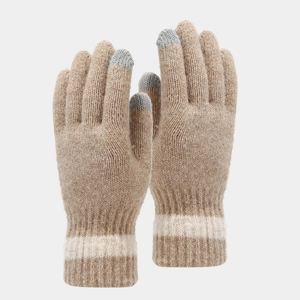 Detail of khaki knitted thermal gloves with grey touchscreen tips and ribbed cuffs