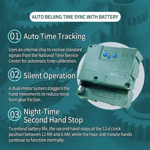 Silent 12-inch atomic quartz wall clock movement with BPC auto-sync and night power-saving