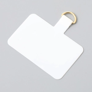 Detailed view of white universal phone lanyard patch with reinforced gold D-ring connector