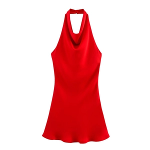 Red backless satin halter dress with cowl neck for summer parties and events