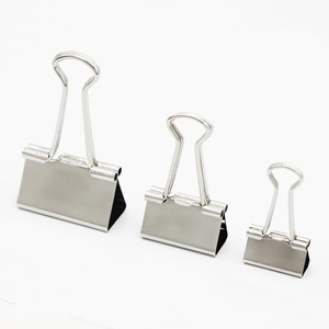 Three polished silver binder clips in small, medium, and large sizes on a white background