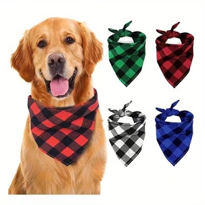 Close-up of assorted classic plaid pet bandanas in red and blue for large dogs