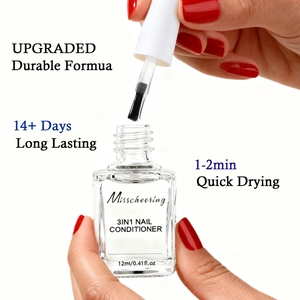 Detail of 3-in-1 nail conditioner brush showing clear liquid for strength and adhesion