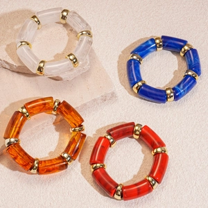 Retro geometric acrylic elastic bracelets set with marble pattern and gold metal spacers