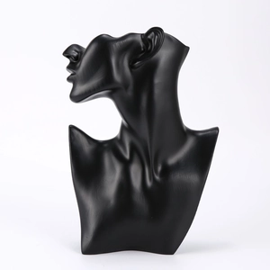Macro detail of matte black resin mannequin bust for necklace and earring display