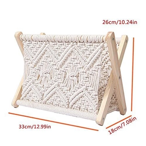 Detailed dimensions of the woven cotton magazine rack with wooden frame shown in cm and inches