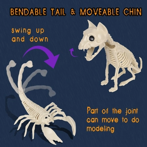 Halloween skeleton decorations featuring scorpion with bendable tail and dog with movable jaw