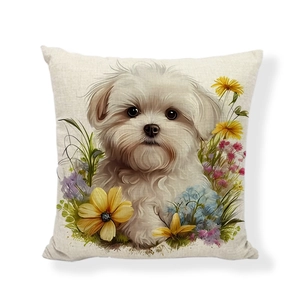 Detailed view of linen pillow cover with cute Maltese dog and colorful floral print