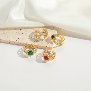 Minimalist adjustable resin gold rings set with colorful round gemstones on silk