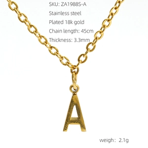 Detailed macro view of 18k gold plated stainless steel letter A pendant with dimensions