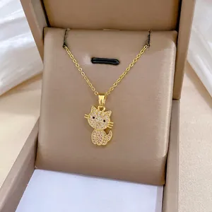 Collana con ciondolo a gatto scintillante in acciaio al titanio con zirconi, donna