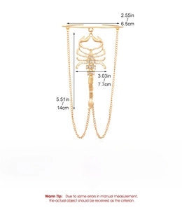 Detailed dimension guide for golden alloy scorpion body chain showing size and weight specs