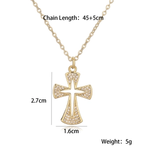 Detailed size specifications for a gold cross pendant necklace with zircon stones