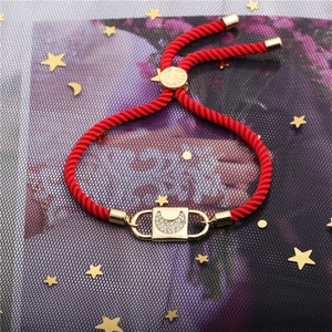 Adjustable red rope bracelet with gold moon charm and white zircon for women