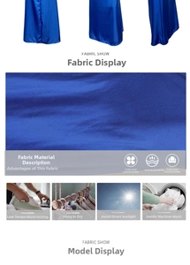 Detail view of smooth navy blue satin fabric showing care instructions and breathability
